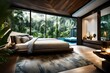Modern Bedroom Overlooking Jungle Pool. Luxurious bedroom with view to a tropical pool. 