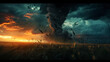 © AngrySun - A powerful tornado in an agricultural area. Landscape of a natural disaster. Dark colors. Generative AI