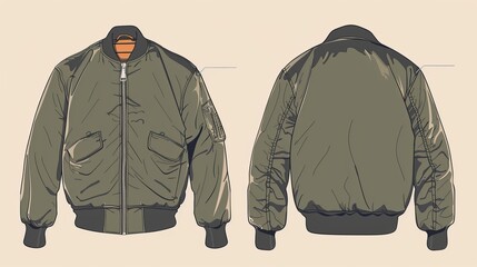 Wall Mural - A flat sketch illustration of an MA-1 flight bomber jacket, shown from the front and back