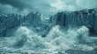 Stormy sea with turbulent waves crashing in front of a massive glacier with jagged peaks under a cloudy sky, conveying a sense of raw natural power and dramatic climate.