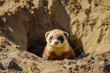 Wall Mural - ferret poking out of a sand burrow