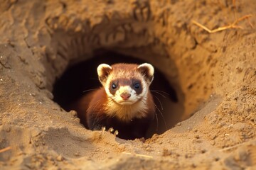 Wall Mural - ferret poking out of a sand burrow