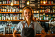 Friendly female bartender standing in a bustling bar, showcases cheerfulness and service quality