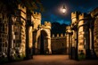 King Henry VIII gate private entrance secure stone fortified walls. Windsor Castle grounds lit at night.