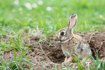 Wall Mural - rabbit emerging from a dirt burrow in a grassy field