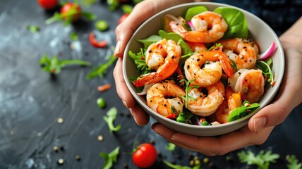 Wall Mural - A bowl of fresh shrimp salad with greens and cherry tomatoes, garnished sesame seeds.