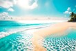 Abstract blur defocused background. Tropical summer beach with golden sand, turquoise ocean and blue sky with white clouds on bright sunny day. 