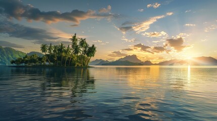 Sticker - Panoramic view of beautiful sunset on tropical island.AI generated image