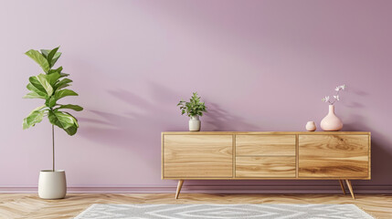 Poster - Minimalist living room with wooden sideboard and plants