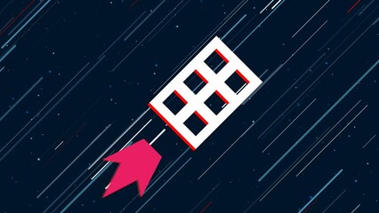 Poster - Office building symbol flies through the universe on a jet propulsion. The symbol in the center is shaking due to high speed. Seamless looped 4k animation on dark blue background with stars