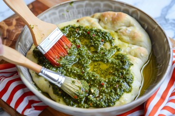 Wall Mural - pesto sauce in bowl with brush on dough