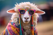 Funny sheep dressed to go to music festival reggae.