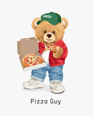 pizza guy slogan with cute cartoon bear doll pizza delivery man hand drawn vector illustration