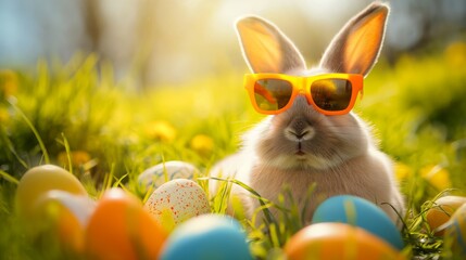 Wall Mural - funny Easter bunny with sunglasses and colourful Easter eggs sits in the grass