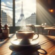 Cup of coffee and a flaky croissant, invitingly arranged on a marble table in a Parisian cafe, bathed in warm morning light, perfect for advertising, editorial, and lifestyle applications.