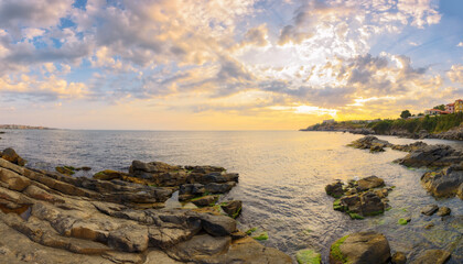 Wall Mural - morning scenery with rocky cost of bulgaria black sea near sozopol. fluffy clouds on the sky. relax and leisure concept