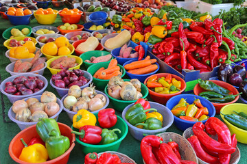 Wall Mural - Colourful Mix Vegetables in Bowls at Farmers Market Stall London