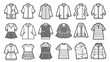 A set of clothing line icons, including various garments such as dresses, polo shirts, and jackets, designed with simple outlines for fashion applications