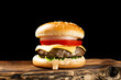 cheeseburger with a cutlet on a wooden board and a black background