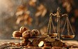 Wealthy Balance, A Heap of Coins and Walnuts on Gilded Scales,Coins and Walnuts on Gilded Weighing Scales, Copy Space, Generative Ai