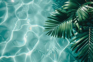 Poster - A serene pool glistens under the sun, with a majestic palm tree rising in the center, casting a soothing shadow over the tranquil waters
