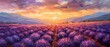 Lavender fields, oil painting texture, sunset hues, gentle breeze, panoramic angle.