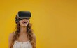 Vibrant Female Embracing VR Virtual Realm,Excited Woman Delving into Virtual Reality Adventure, Copy Space, Generative Ai