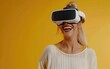 Upbeat Lady Immersed in VR Virtual Experience,Radiant Woman Delving into Virtual Reality Realm, Copy Space, Generative Ai