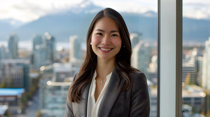 Canvas Print - Confident young businesswoman in office with city view