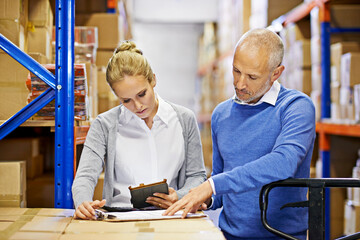 Poster - Tablet, clipboard and business people in distribution facility for logistics, supply chain and cardboard box. Package, ecommerce and employees with technology for shipping, cargo and stock taking