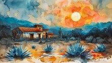 Traditional Mexican Hacienda At Sunset, Watercolor Painting With Agave Plants. Mexican Countryside, Culture, And Travel. AI Generated