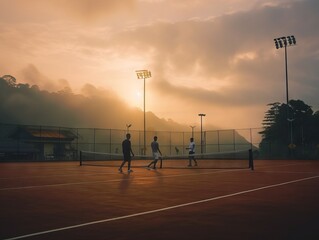 Wall Mural - people playing outdoor tennis at the sunset