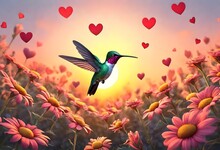 A Hummingbird Flying Over Flowers Shaped Like A Hearts As The Sun Goes Down In The Background
