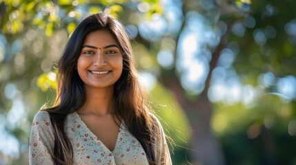 Wall Mural - Beautiful young woman with long hair smiling wearing a patterned top standing in front of a blurred background of trees and sunlight.