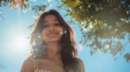 Wall Mural - A woman with long hair smiling at the camera with sunlight filtering through the leaves of a tree above her creating a warm and serene atmosphere.