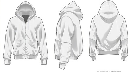 A vector illustration of a white jacket, showing the front, back, and side views, designed specifically for template use