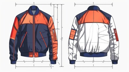 Wall Mural - An oversized basic bomber jacket for men, depicted in a vector technical sketch