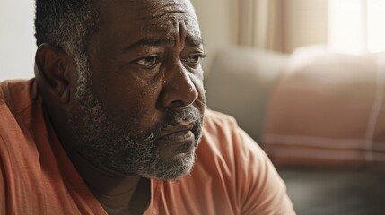 Wall Mural - A contemplative man with a gray beard and mustache wearing a peach-colored shirt sitting in a dimly lit room with a blurred background.