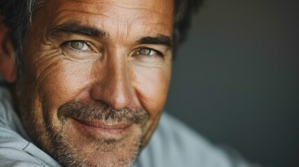 Wall Mural - A close-up portrait of a man with a warm smile showcasing his eyes and beard set against a blurred background.