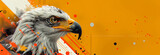 Vibrant digital illustration of a bald eagle with abstract colorful background featuring dynamic splashes of orange, yellow, and red, perfect for desktop wallpaper. Panoramic banner with copy space