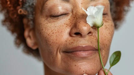 Wall Mural - A person with closed eyes enjoying the scent of a white flower held close to their face with a serene expression and freckles visible on their skin.
