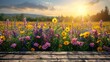A vibrant field filled with a multitude of colorful flowers swaying gently in the breeze as the sun sets in the background, casting a warm golden glow over the landscape