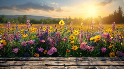 Poster - A vibrant field filled with a multitude of colorful flowers swaying gently in the breeze as the sun sets in the background, casting a warm golden glow over the landscape