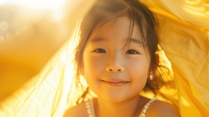 A young girl with a radiant smile her face framed by a soft yellow fabric basking in the warm glow of sunlight.