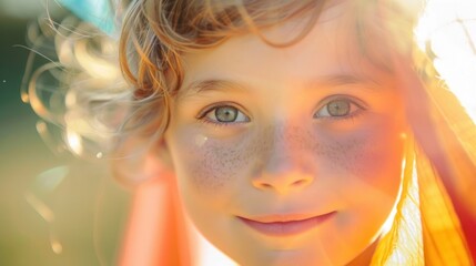 Wall Mural - A close-up of a young girl with freckles smiling and looking directly at the camera with a warm blurred background.