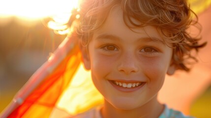 Sticker - A young child with curly hair smiling brightly with the sun's rays creating a warm glow around them.