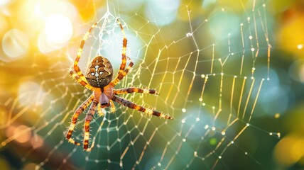 A vividly colored spider centered on its intricate web against a bokeh background.