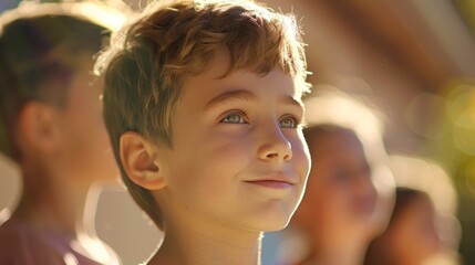 Young boy with bright blue eyes looking up towards the sky surrounded by blu rred figures of other children possibly in a park or outdoor setting with sunlight creating a warm glowing effect.