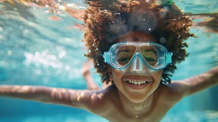 Wall Mural - A joyful child with curly hair wearing blue goggles smiling underwater in a swimming pool.