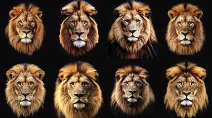 Wall Mural - Animal lion  set collection. Isolated on black background. Generative AI